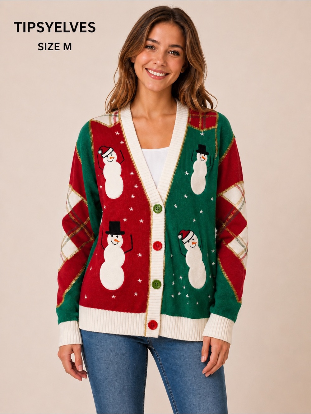 Tipsyelves Christmas Snowman Cardigan Size M Red Green Holiday Sweater